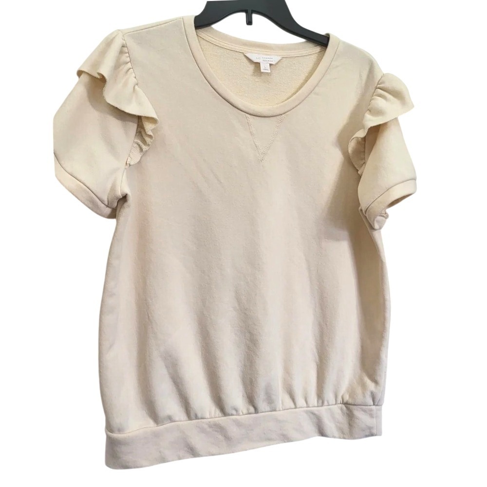 LC Lauren Conrad Womens Ivory Ruffle Short Sleeve Round Neck Career Blouse Large